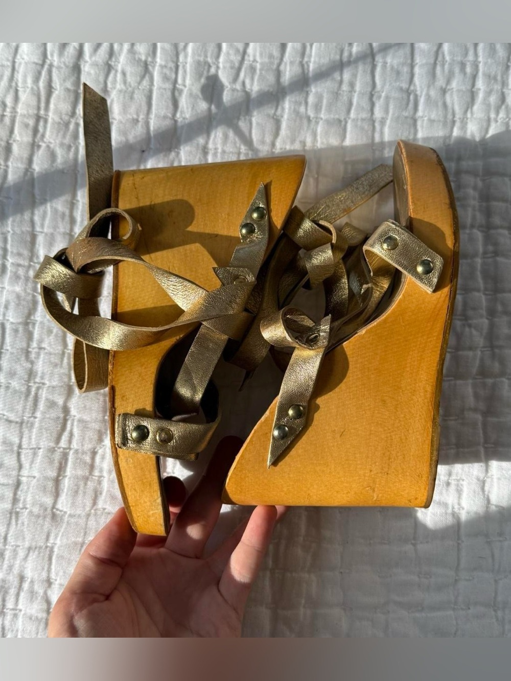 vintage Dolce & Gabbana Y2K wooden wedges Size EU 35 / US 5 metallic gold wrap - Picture 3 of 8